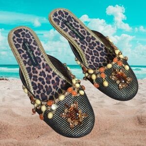 Beverly Feldman Black and Gold mesh jeweled Mules with Decorative Beads Sz 8